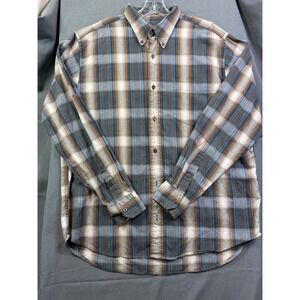 Eddie Bauer Men's Large Relaxed Fit Plaid Button Down Shirt Brown Blue Cotton L